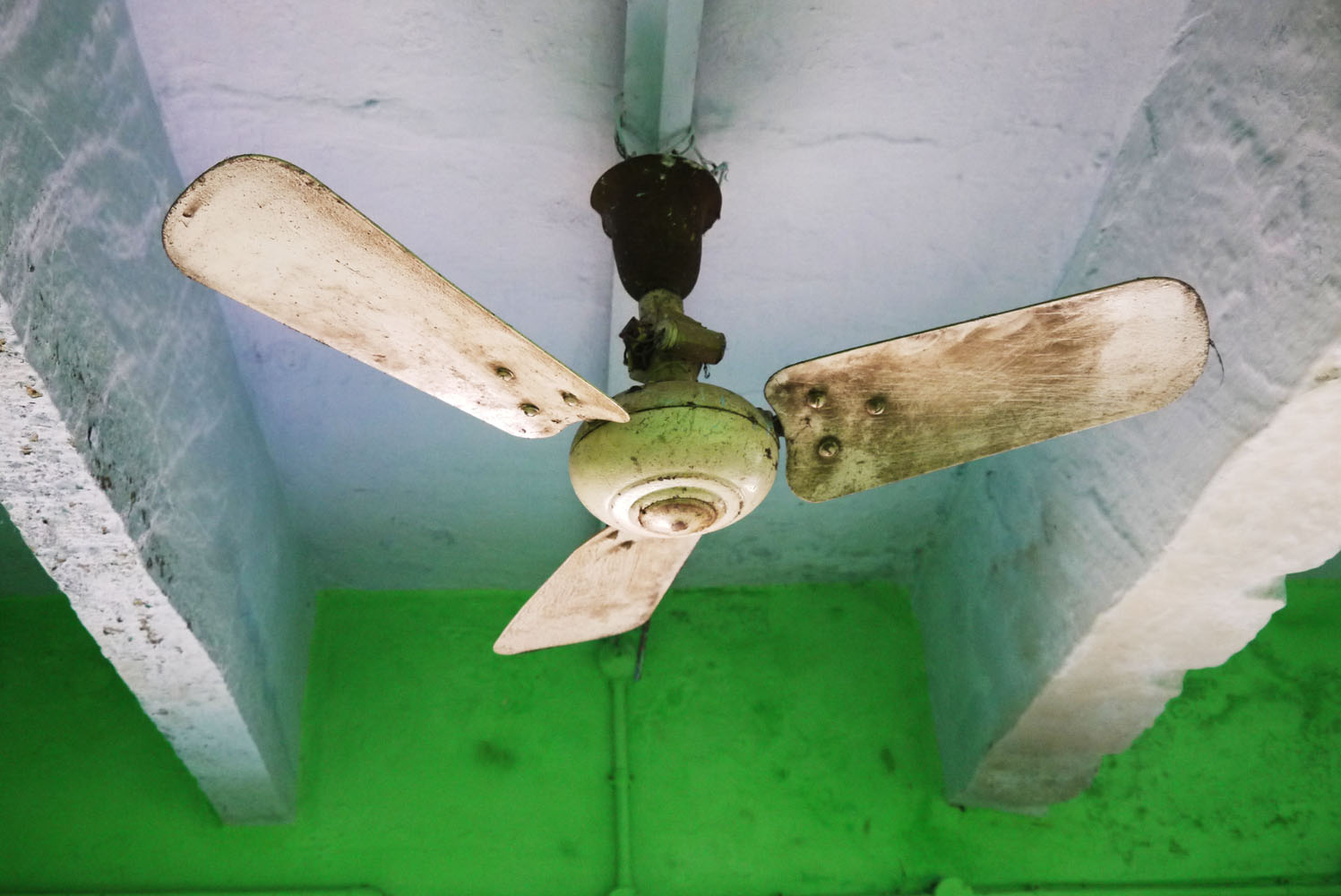 Ventilator an weißer Decke vor einer grünen Wand