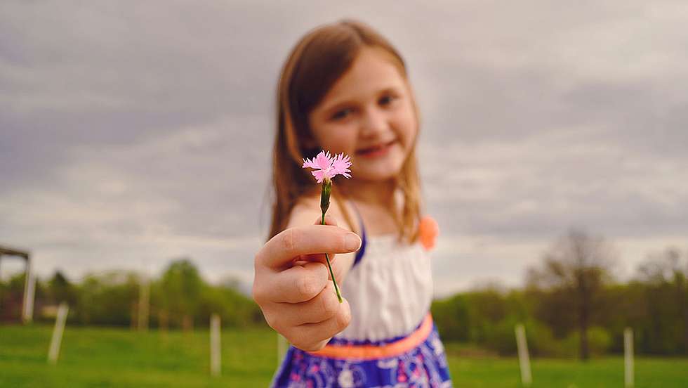 Mädchen steht auf einer Wiese und hält eine rosane Blume in die Kamera