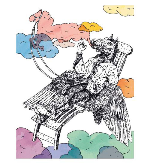 Illustration: Schwebendes Fabelwesen mit Flügeln - halb Mensch, halb Pferd - bläst bunte Wolken in die Luft