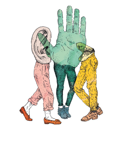 Illustration: 3 Menschen mit Hand, Ohr und Mund anstelle von Köpfen